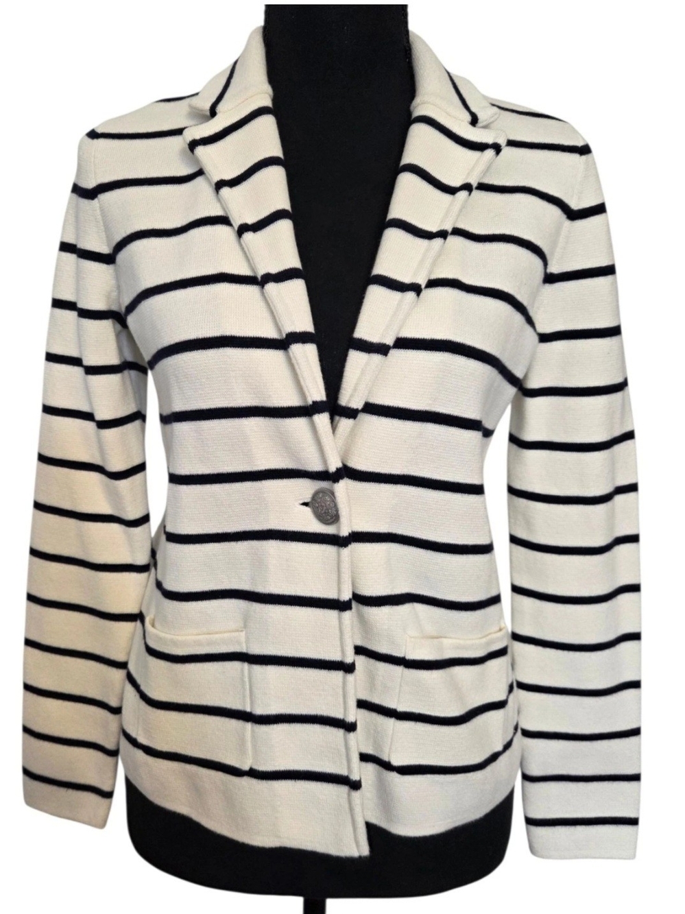 Talbots Cream & Black Striped Knit Blazer Single Button 2 Pockets Size P/S